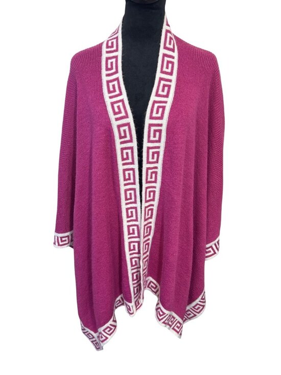 Tinkuy Sweaters - Peruvian 100% Alpaca Wool Women's Shawl Wrap Open Cardigan Pink Geometric Trim